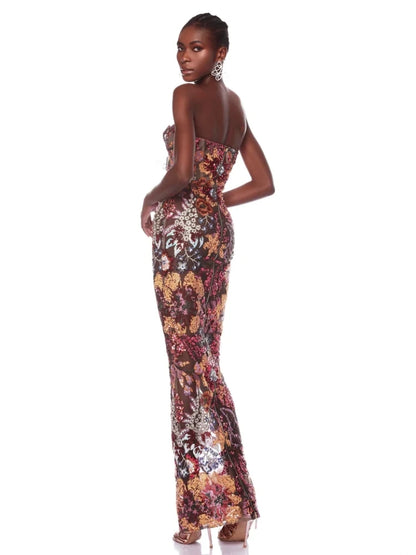 Nouvelle robe longue sexy sans bretelles à paillettes florales pour femmes, robe de soirée de luxe à paillettes florales, dos nu, longue et fine