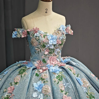 Vestidos de quinceañera de color azul cielo con escote en forma de corazón para fiesta de 16 años, princesa, apliques de encaje, cuentas, vestido de fiesta de cumpleaños, vestidos de 15 6767