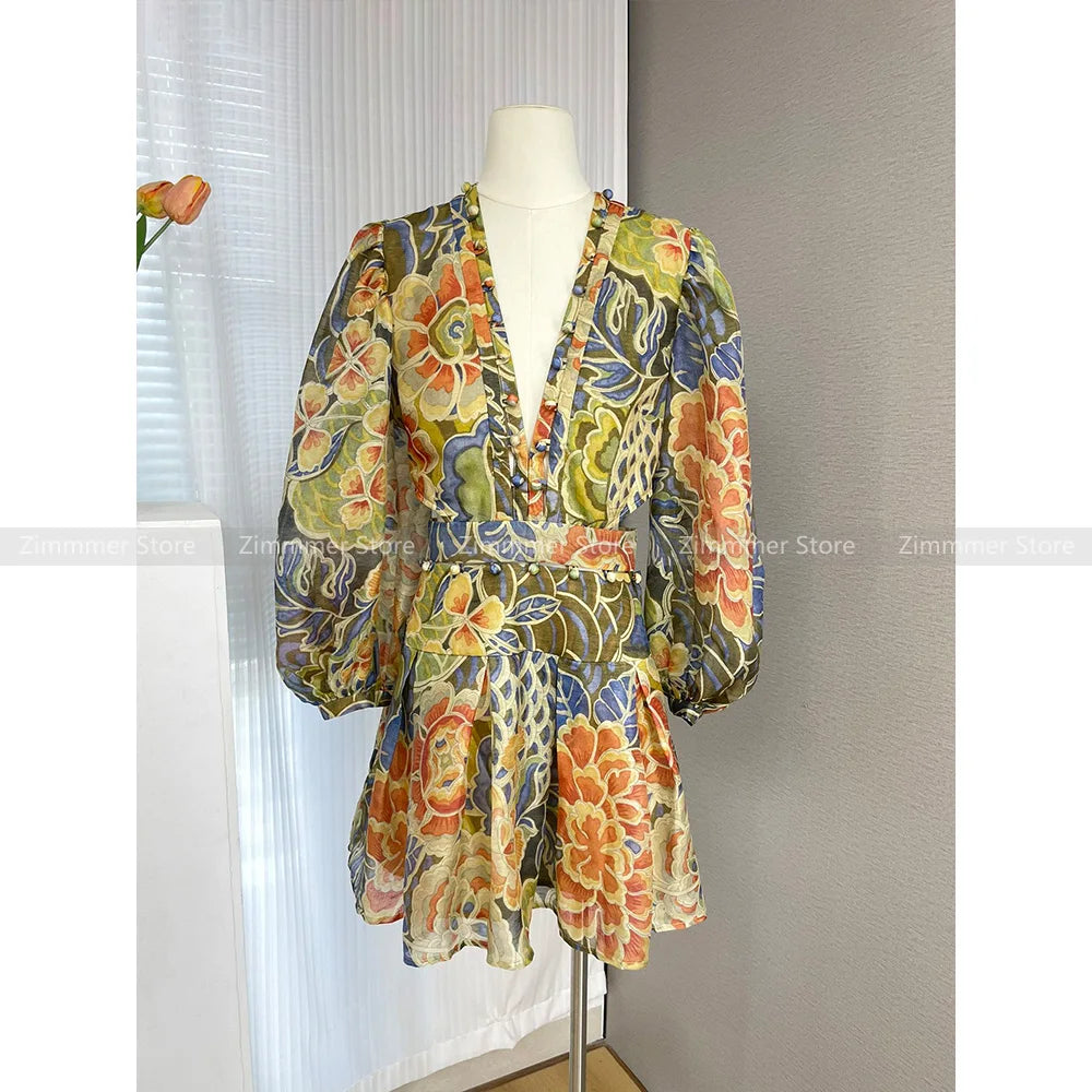 Robe courte à manches longues et col en V à imprimé floral rétro de niche australienne pour femmes