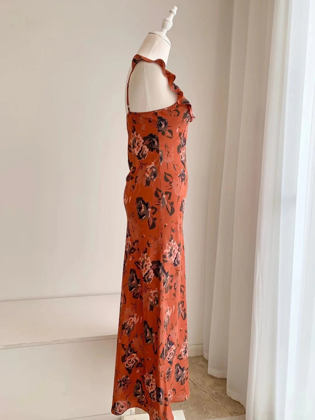 Women Flower Printed Slim Fit 100% Silk Strap Long Dress