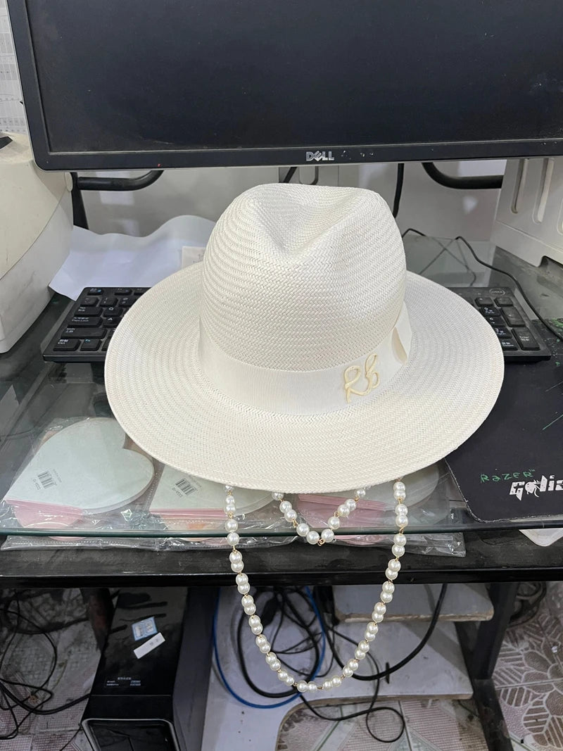 2022 summer new arrival Double Chain Strap Fedora Hat straw hat for women