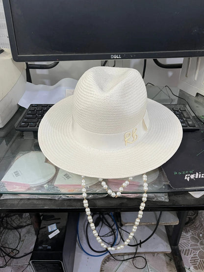 Novedad de verano 2022, sombrero Fedora con correa de doble cadena, sombrero de paja para mujer