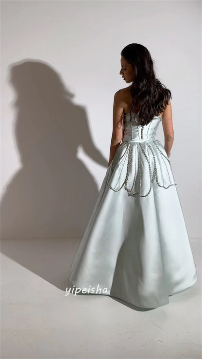 Simple Modern Style Formal Evening Strapless A-line Beading Draped Satin Bespoke Occasion Dresses