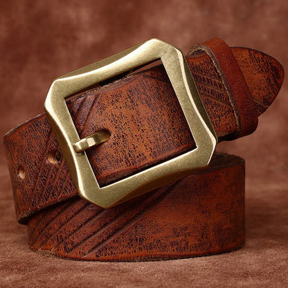 Cinturón de piel de vaca con capa de piel curtida vegetal antigua para hombre, estilo vintage, con hebilla de cobre, con personalidad de tendencia, ancho del cinturón: 3,8 cm