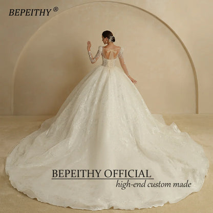 BEPEITHY Exquisite Princess Glitter Wedding Dresses For Women 2022 Bride Ivory Full Sleeves Open Back Shinny Ball Bridal Gowns