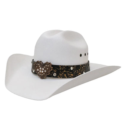 Chapeau de soleil rétro vintage en cuir avec ceinture en forme de cœur pour femme, style western américain, à large bord, style cow-boy, style cow-girl, 57-61 cm