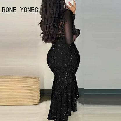 Women Glitter Chic Lace  V Neck Long Sleeves High Silt Maxi Mermaid Bodycon Formal Party Dresses