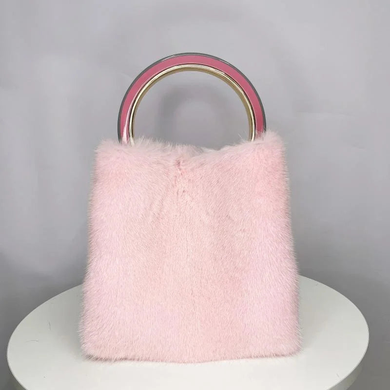 Sac à main en fourrure de luxe importé pour femme, petit sac carré en fourrure de vison à la mode, poignée en acrylique, sac à main élégant pour femme en hiver