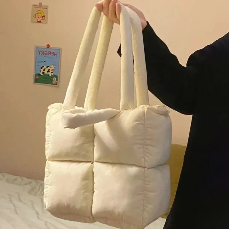 Sac à bandoulière bouffant de créateur pour femme, sac à main matelassé en coton et plumes, rembourré, grande capacité, fourre-tout de shopping d'hiver