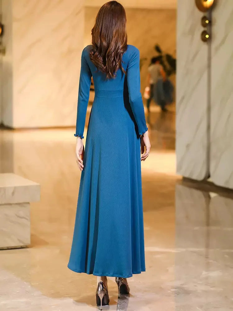 New Women Spring Autumn Knitted Dress Fashion Floral Patchwork O-Neck Long Sleeve Slim Dress Elegant Blue Overlength Dress