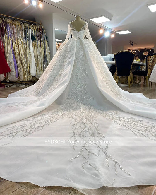 Robe de mariée de luxe à col en V et manches longues, en dentelle scintillante, à paillettes, pour femmes, 2024