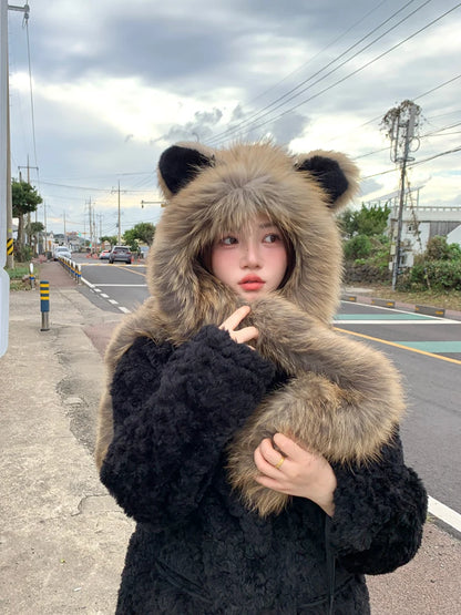 New Autumn And Winter Raccoon Fur Weaving Foreign Style Wild Outdoor Cold And Windproof Hat Scarf One-Piece Knitted Cap