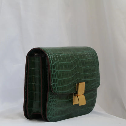 Sac à bandoulière en cuir véritable pour femme, motif crocodile vert, à rabat