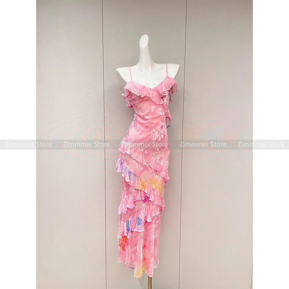 High Quality! Floral Slim Halter Dress Women 2024 Summer New Seaside Holiday Beach Ruffle Halter Long Skirt