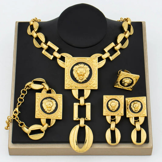 YM Jewelry Set Fashion Woman 18k Gold Plated Necklace Bangle Jewelry Face Shape Chain Pendant Copper Earring Square Ring Gift