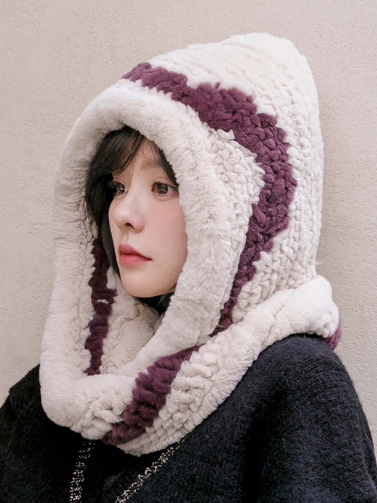 Fashion Women WInter Girls Fashion Warm Knitted Real Rex Rabbit Fur Hat Beanie Hat Scarf in one pieces