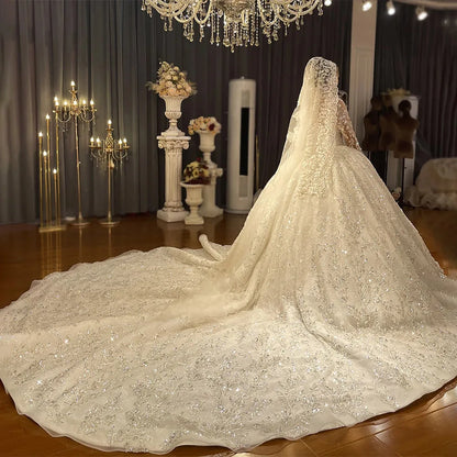 Exquisite Princess Wedding Dress V-neck Lace Appliques Sequins Bridal Gowns Custom Made  Ball Gown Women Dresses