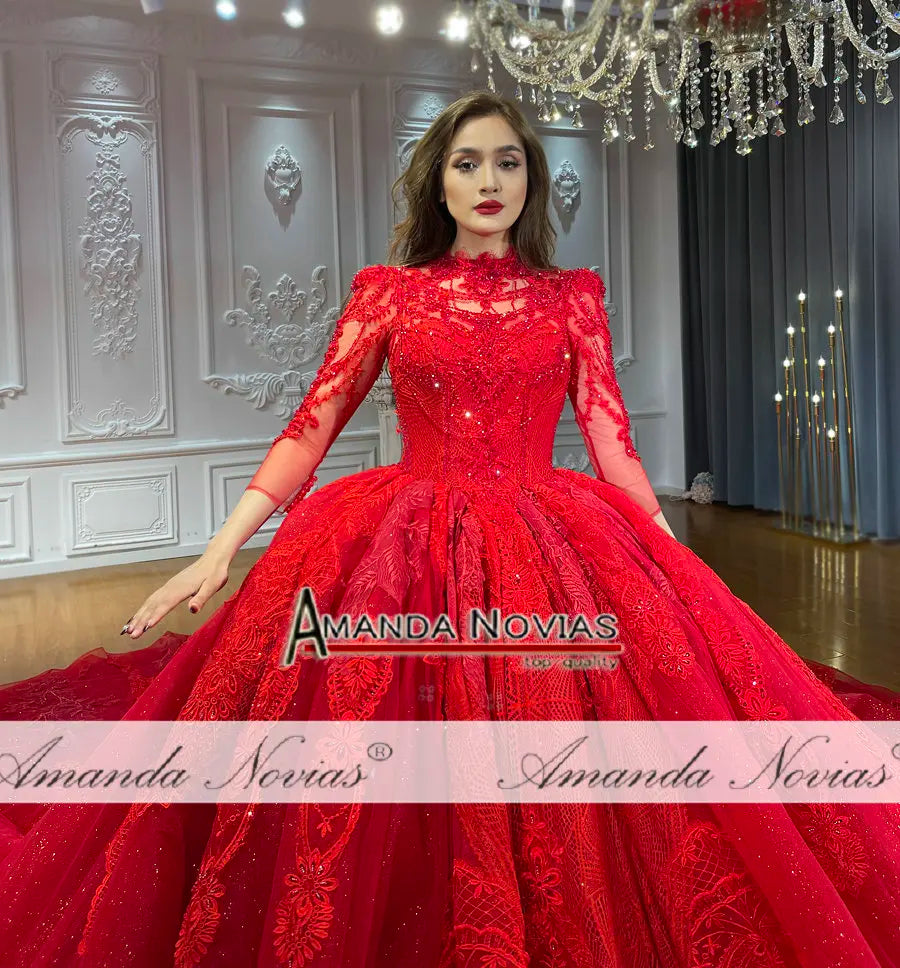 Amanda Novias Red Lace Beads Long Train Wedding Dress NS4740