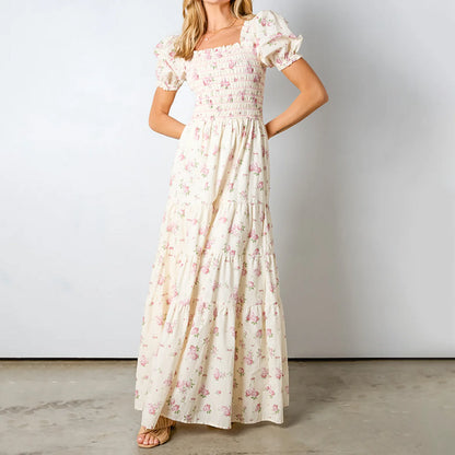 Robe longue d'été fluide à manches courtes et col carré pour femme, imprimé floral vintage Kawaii Combhasaki