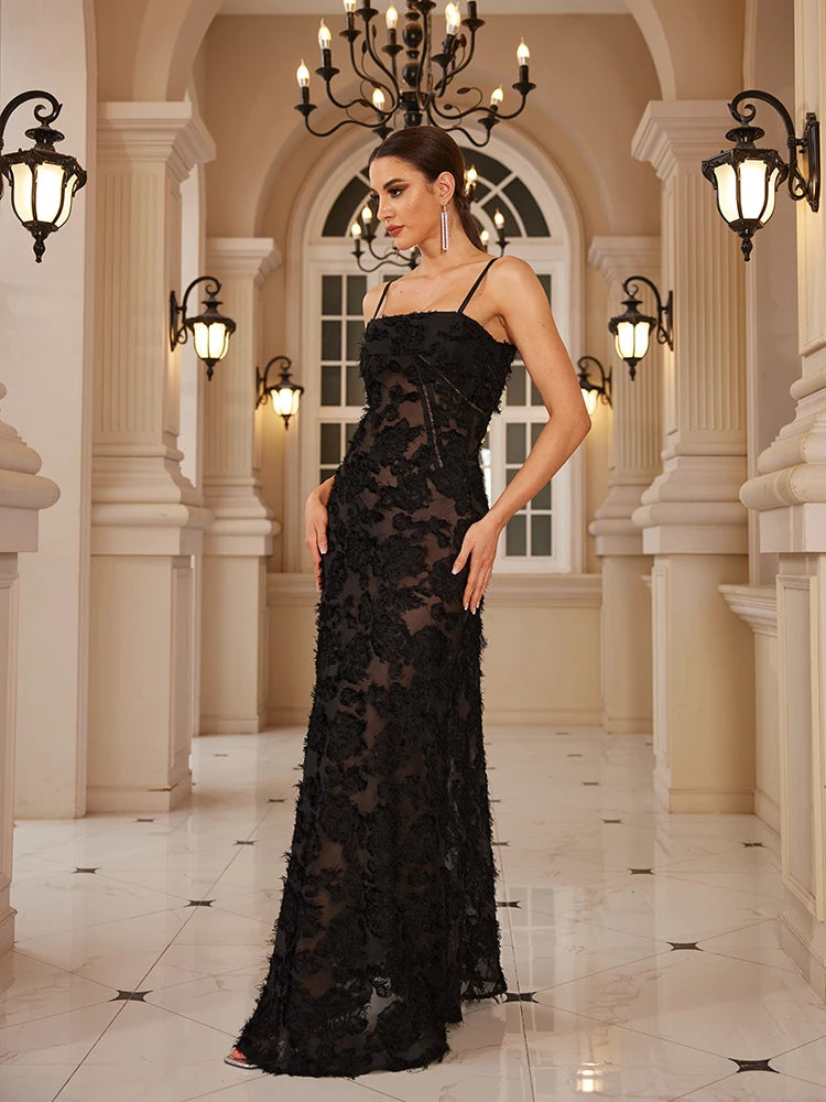 Mingmingxi Formal Occasion Dresses Maxi Black Appliques Dresses for Dancing Parties Long Elegant and Beautiful Women Dress