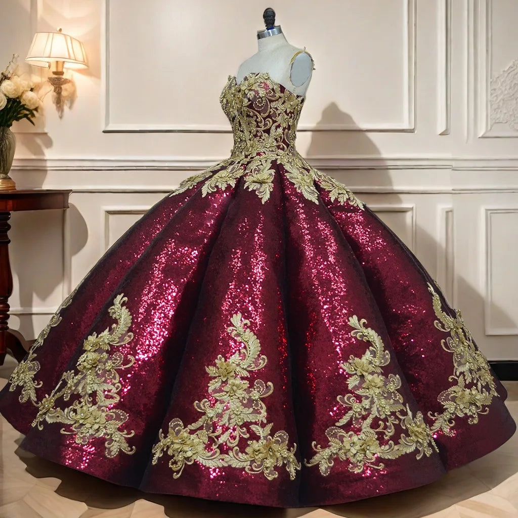 Burgundy Sparkly Quinceanera Dress Ball Gown Sequin Sweet 16 Birthday Party Dress Princess Dress Wc026