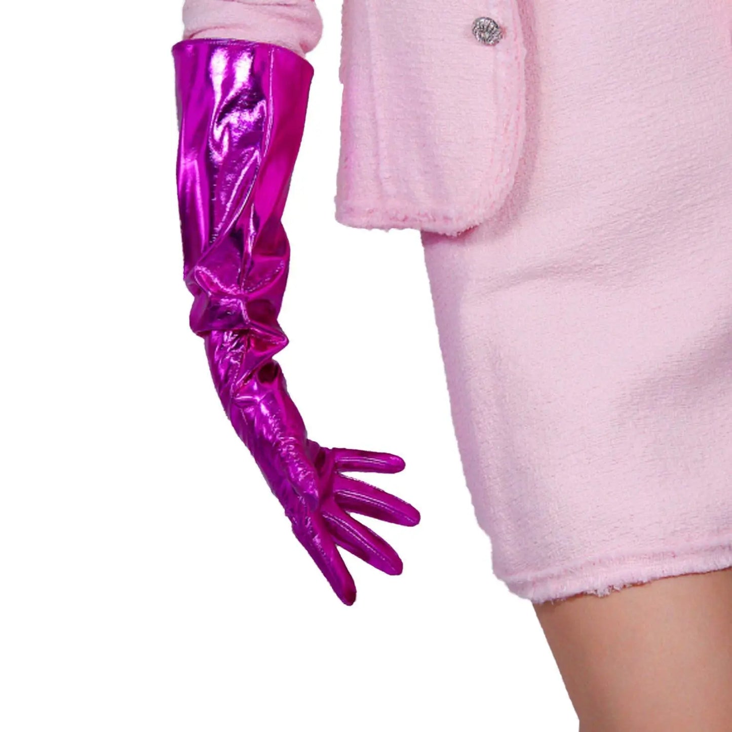 Guantes unisex de talla grande de DooWay con brillo rosa, largos de cuero abullonados, mangas anchas, látex sintético, para cosplay, para noche, ópera