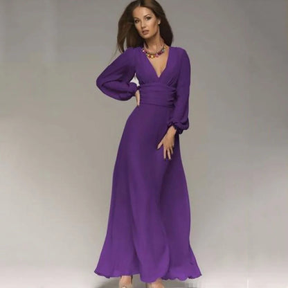 Women Vintage Maxi Dresses 2023 Summer Sexy Deep V-Neck Long Sleeve Dress