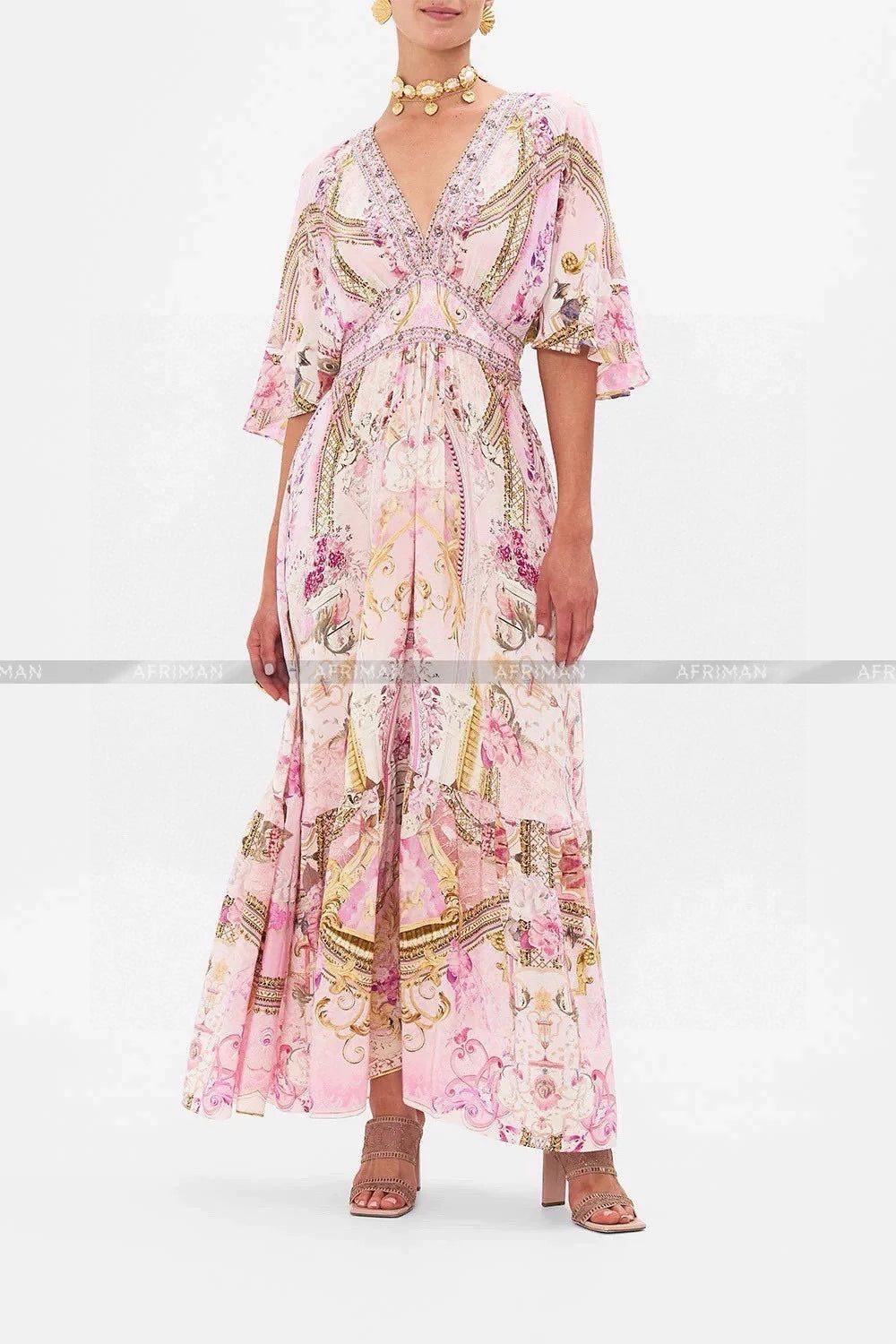 Women V Neck Crystal Beaded Short Flare Sleeve Pink Flower Print 100% Silk Maxi Long Dress