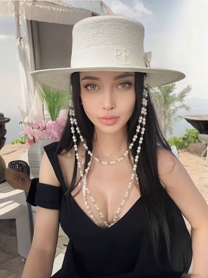 2023 summer new arrival Double Chain Strap Boater Hat straw hat for women