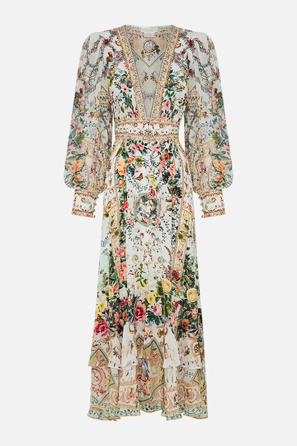 Vestido largo con volantes multicapa de seda 100 % para mujer, con escote en V, estampado de flores y mariposas con cuentas pesadas, novedad de 2024