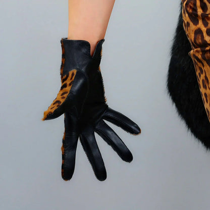 DooWay Winter Warm Leopard Glove Women's Short Leather Gloves Genuine Imported Goatskin Black Two Tone Driving Evening Glove