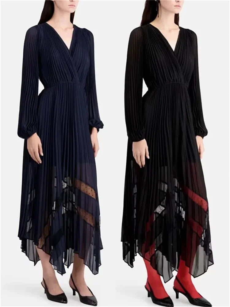 Ladies Long Sleeve Elastic Waist Slim Elegant Temperament Long Robe Spring New 2024 Women V-Neck Irregular Pleated Dress