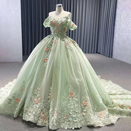 Vestidos de novia elegantes con apliques de color verde salvia para mujer, vestidos de fiesta con flores y hombros descubiertos, vestidos de novia de cola de corte a la moda