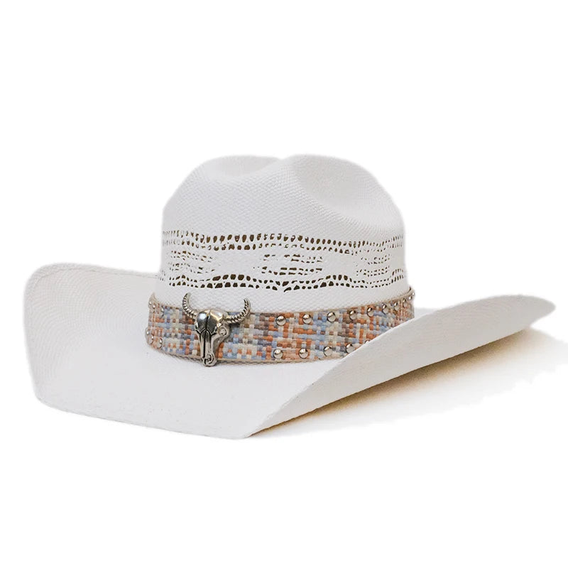 Yellowstone Retro Cow Head Leather Belt Hollow-out Hard Straw Beach American Western Wide Brim Cowboy Cowgirl Sun Hat 55-61cm