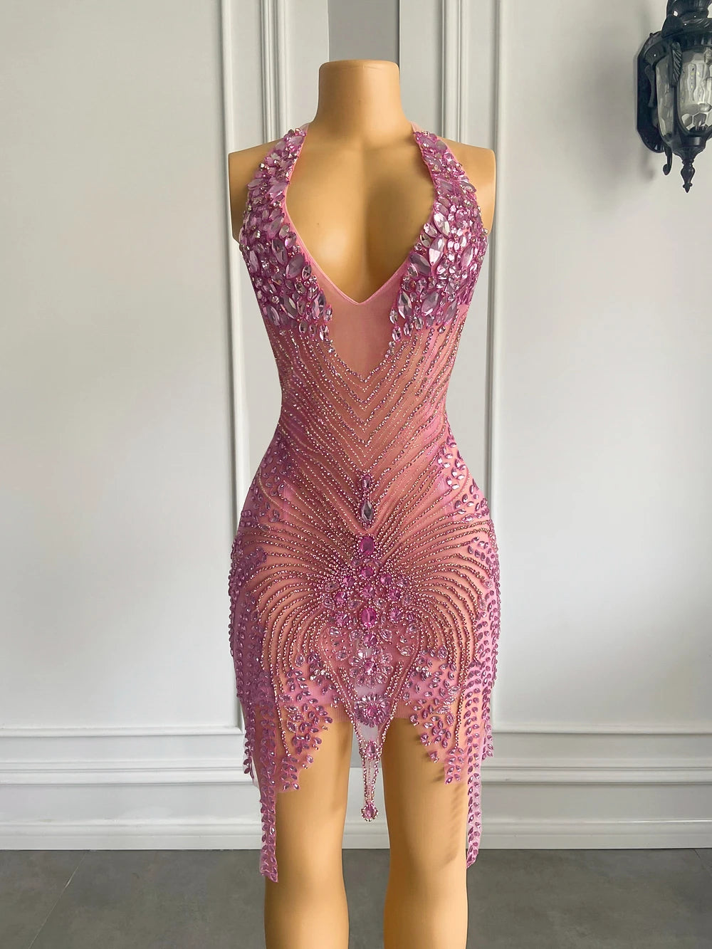 Vestido corto rosa para fiesta de cumpleaños, hecho a mano, con cuentas de diamantes de imitación, sexy, transparente, para cóctel, fiesta de graduación, 2023