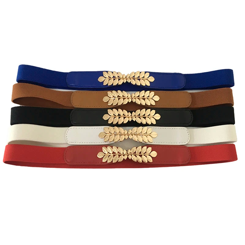 Fashion Leaf Waistbands Stretchy Lady HOT Elastic Cummerbunds For Women Dark Blue Belt Dress Gold Double Metal Buckle Waistband