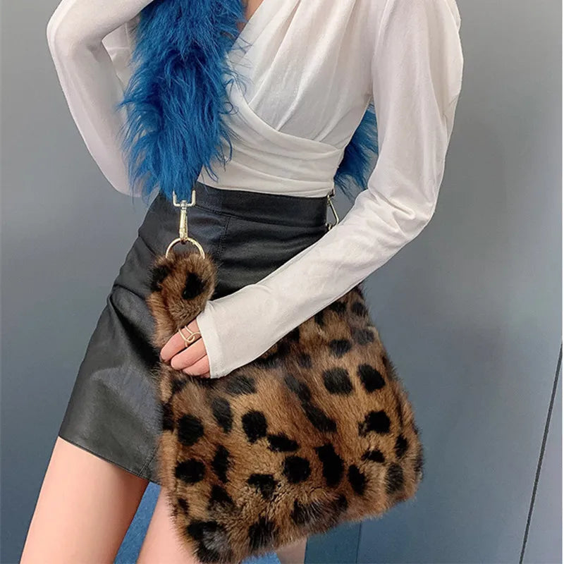 Luxury Fashion Real Fur Women's Bag Chain Leopard Fur Small Square Bag Ladies Handbags Real Mink Fur Shoulder Crossbody Bags