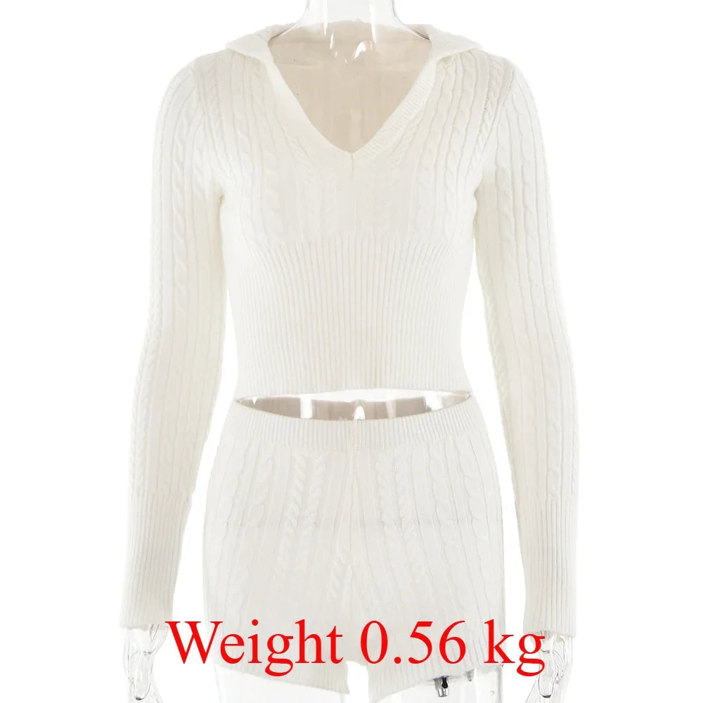 Oligai Women Solide Gray Twist Line Knitted Hooded Sweater Vintage Slim Crop Pullover Knitwear Full Sleeve 2 Set Tops White