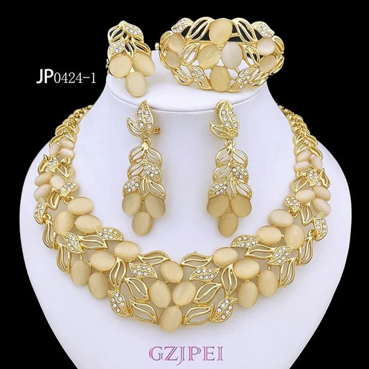 Vintage Opal Jewelry Set For Women Luxury Design Necklace Earrings Bracelet And Ring 18K Gold Plated Dubai Nigeria High Quality