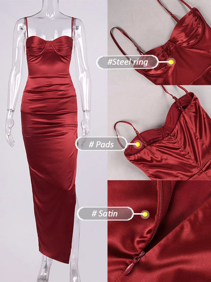 Summer Satin Spaghetti Strap Sexy Dress Bodycon Side Split Maxi Elegant Dresses for Women Party Robe Femme Evening Dress