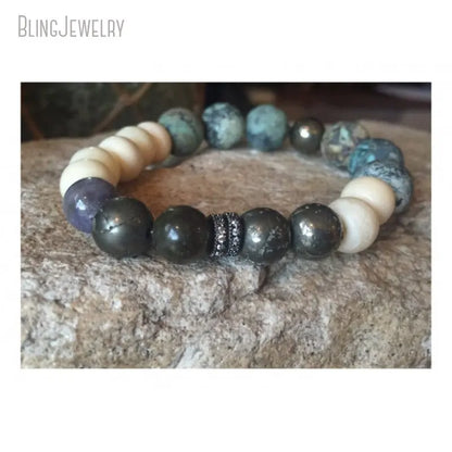 Pulsera de cuentas de piedra natural de pirita y turquesa africana estilo bohemio, 10 unidades, accesorio único para mujer, joyería llamativa para chakras