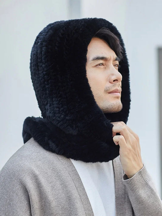 Men Real Rex Rabbit Fur Hat Scarf One-Pieces Winter Warm Earmuffs Snow Cap Headwear Black Grey