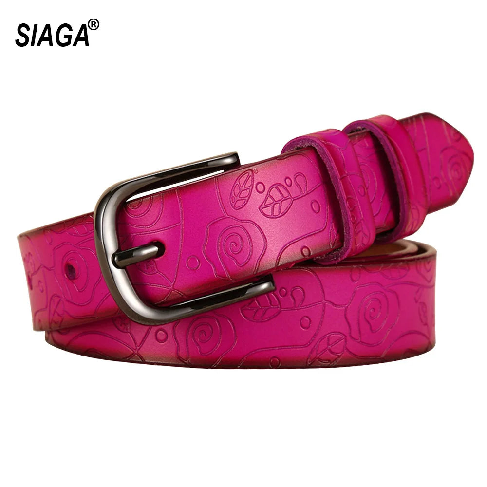 Cinturón de piel auténtica con diseño de flores y diseño de moda en color rojo rosa para mujer, con hebilla de metal, 28 mm de ancho, 2023 FCO082