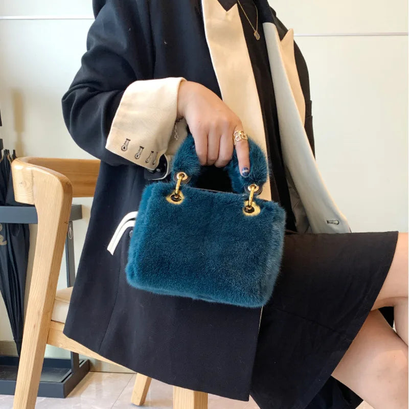 Mink Fur Handbag Small Square Bag Woman Shoulder Bag  Party Hand Bag Woman  Fashion Plush Bag Real Mink Fur Bag Furry Fur Bag