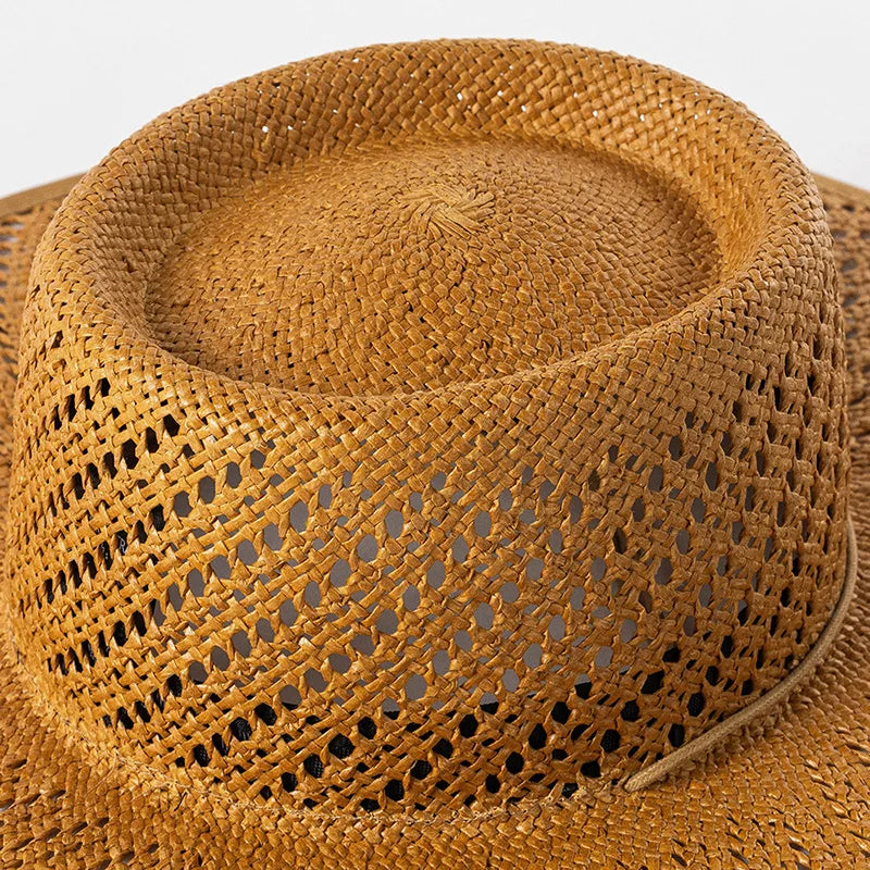 Nuevos sombreros de paja de playa de ala grande hueca de estilo de diseñador para mujeres con correas, sombreros de sol de verano de diseño de moda, sombrero Fedora de Panamá para dama