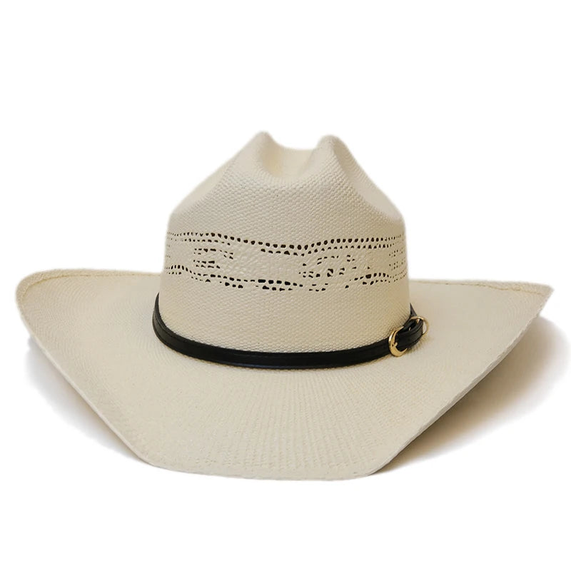 Simple Black Belt Hollow-out Yellowstone Hard Straw Beach American Western Wide Brim Cowboy Cowgirl Sun Hat Pinch Front 55-61cm