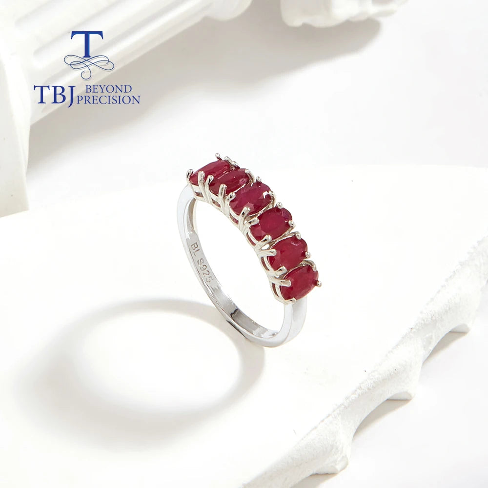 TBJ Ensemble de bijoux de luxe pour femme avec bague et boucles d'oreilles en argent et rubis naturel précieux de 3 x 5 mm