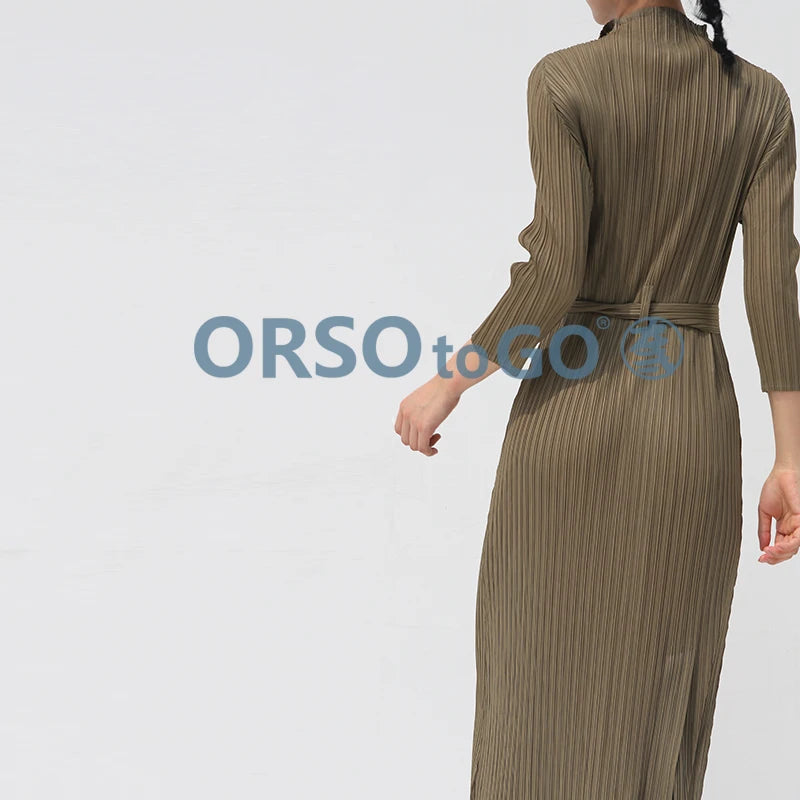 HOT SELLING Miyake fold v-neck three quarter solid waistband long Hem slit  Dress IN STOCK