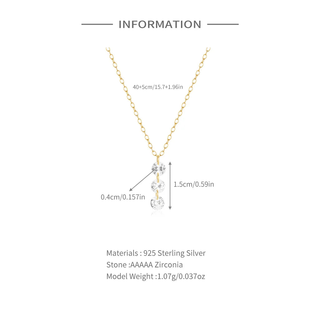 Aide 925 Sterling Silver Three Zirconia Interlocking Pendant Necklace For Women K Gold Chain Simple Elegant Fine Jewelry Gift