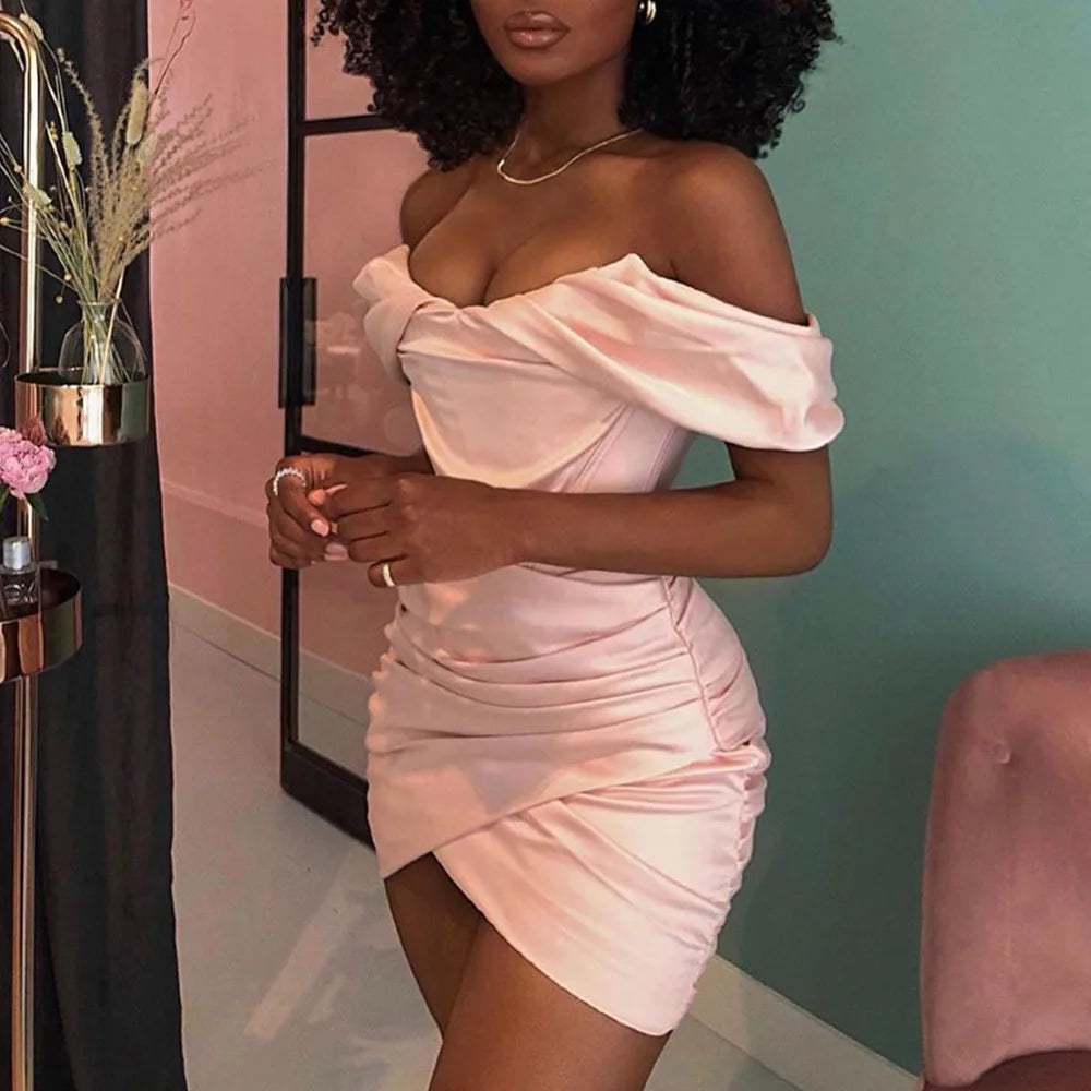 Robe corset moulante d'été Oligai Sexy Mini Off The Shoulder Club Robes de soirée Slim Elastic Satin Dress Rose Vêtements pour femmes